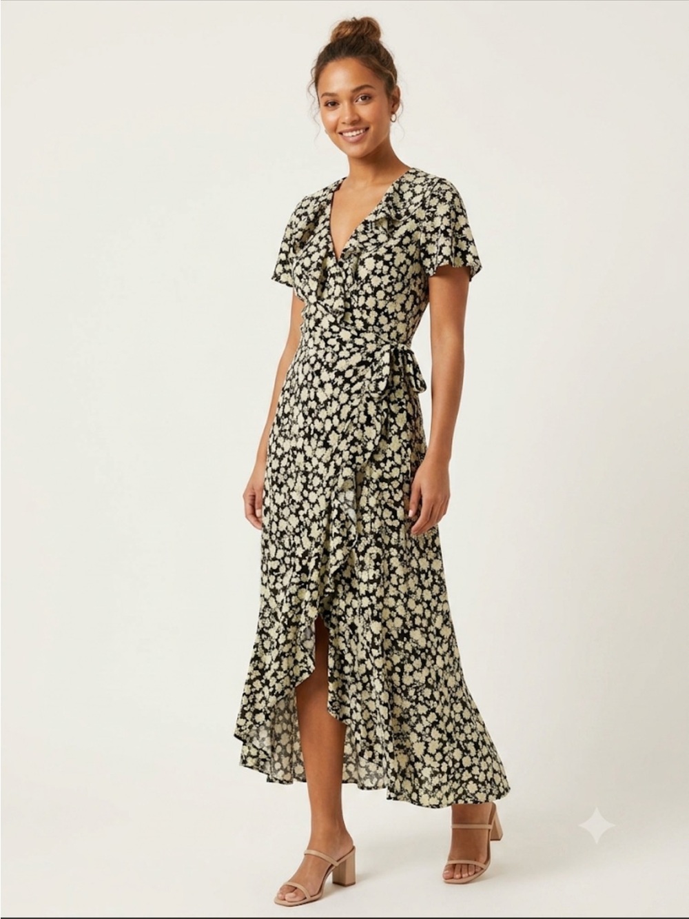 & Other Stories Black and Cream Floral Wrap Midi Dress